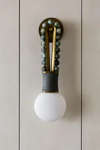 Modern wall lighting fixture with brass accents and glass spheres