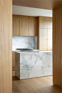 Modern kitchen with marble countertops and wooden cabinets.