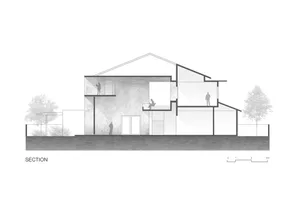 An architectural section drawing of a modern house with concrete elements, featuring both exterior and interior sections.