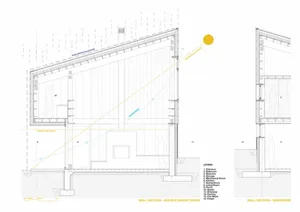 An architectural drawing of a modern industrial home interior showcasing materials such as metal, glass, and concrete.
