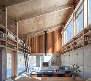 A modern living room with wooden elements, large windows, and a cozy fireplace.
