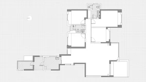 Minimalist apartment layout with bedrooms, bathroom, kitchen, and living areas.