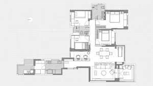 Floor plan of a modern apartment interior showing living, dining, kitchen, and bedroom spaces.
