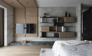 A modern bedroom featuring wooden and concrete elements