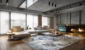 Modern industrial living room with concrete walls, large windows, and a cozy seating area