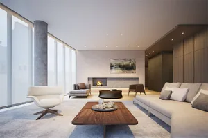 Modern living room with concrete and wooden elements, featuring a large sofa, coffee table, and floor-to-ceiling windows