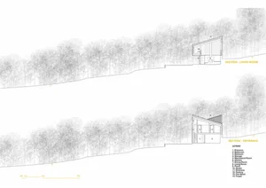 Modern residential architectural section plan showing living room and entrance areas.