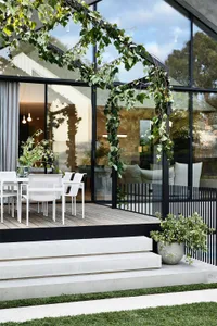 Modern exterior of a house featuring concrete and glass materials