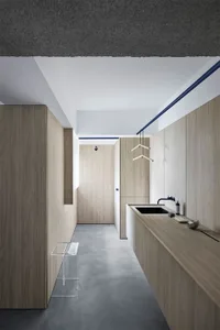 A modern minimalist entryway with wooden paneling and concrete flooring.