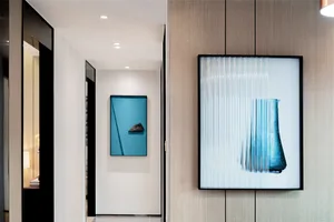 A modern hallway with glass walls and doors, featuring abstract art and sleek design elements.