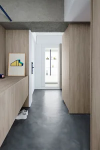 Modern minimalist entryway with concrete flooring and wooden cabinets.
