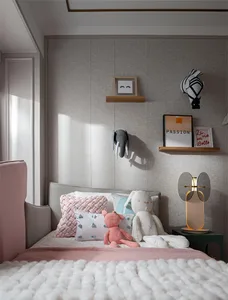 A minimalist bedroom with a bed, soft pink blanket, and decorative items