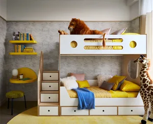 A modern children's bedroom with a bunk bed, plush toys, and colorful bedding.