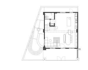 2D technical drawing of a modern residential architectural layout with mixed materials and minimalistic design.