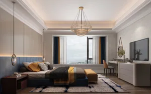 A modern minimalist bedroom with textured fabric bedding and a large window overlooking a cityscape.