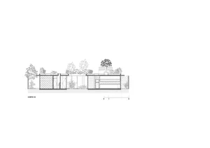 Modern residential building plan with brick and glass materials.
