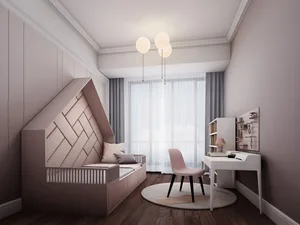 A modern minimalist bedroom featuring a pink bed with a geometric wood panel headboard and a white desk with a pink chair.