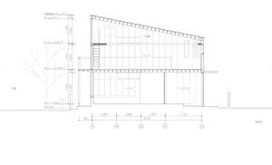 A modern house with a glass, steel, and wood facade, as seen from an elevation view showing dimensions and specific room loca