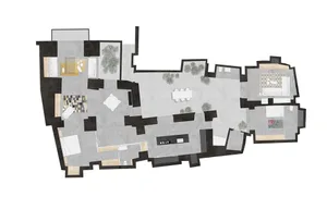Top view of a modern living space with concrete flooring and laminate walls.