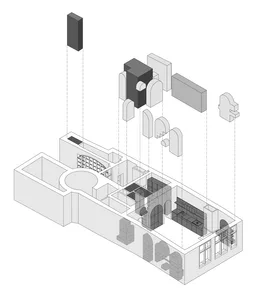 A 3D architectural rendering of a modern interior space.