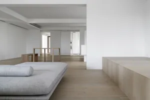 Modern minimalist living room featuring wood furniture, fabric cushions, and concrete elements.