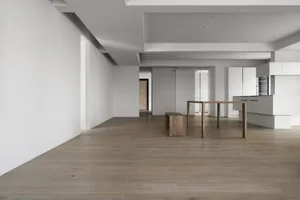 Modern minimalist living room with wood flooring and white walls