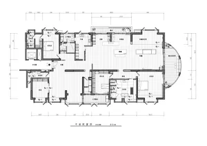 Detailed architectural drawing of a modern residential interior featuring a wooden floor plan, including rooms, dimensions, a