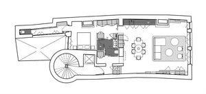 Modern residential floor plan featuring a living room, kitchen, dining area, and bedrooms.