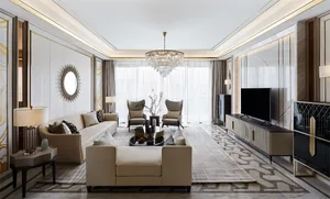 A modern living room with a marble floor, leather sofa, and glass coffee table.
