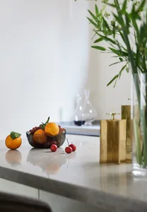 A minimalist interior design featuring marble elements.