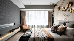 A modern bedroom with mixed materials and a cozy atmosphere.