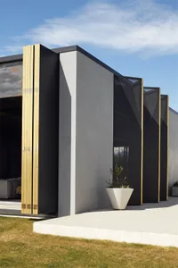 Modern exterior featuring concrete and wood architectural decoration