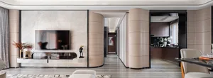 A contemporary living room with marble walls and a sleek, minimalist furniture arrangement.
