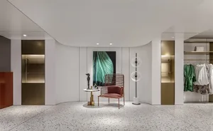 Modern retail space featuring mixed materials such as metal, wood, and glass.