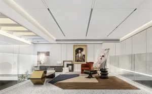Contemporary art gallery with modern features and brick walls