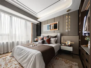 Contemporary bedroom featuring neutral fabric bedding, wooden headboard, and acrylic wall lighting.