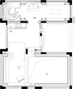 A black and white architectural floor plan of a modern interior design featuring a staircase and living room.