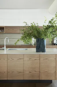 Modern kitchen featuring wooden cabinets and countertops, with a vase of green leaves on the countertop.