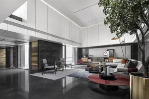 Modern living room featuring sleek black marble floor and walls