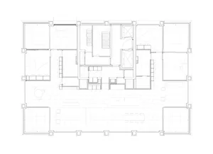 A detailed architectural line drawing of an apartment's floor layout and fixtures.