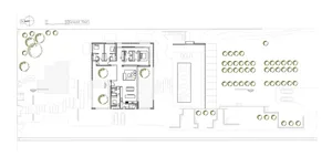 A detailed architectural floor plan of a residential house's ground floor, including rooms and outdoor spaces.