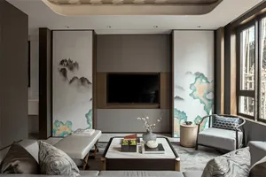 Minimalist living room featuring mixed-media wallpaper with abstract designs.
