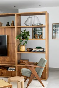 A modern living room featuring a wooden shelving unit with a green plant, decorative items, and a television.
