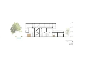 A detailed architectural floor plan of a modern residence featuring multiple rooms and open spaces.