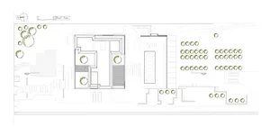 A 2D architectural drawing depicting a building's layout and design.