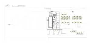 A building section plan showing the layout of different sections of a building including rooms, corridors, and outdoor spaces