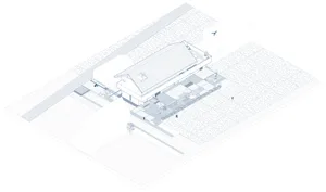 Building with concrete, glass, and wooden elements as seen from above, with a floor plan layout.