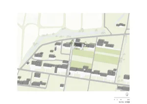 2D architectural drawing of an urban development site plan showing buildings, roads, and open spaces.