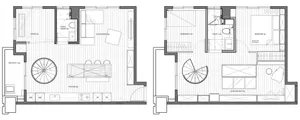 Floor plan of a modern loft interior with metallic finishes and bright lighting.