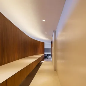 Modern interior corridor with wooden and concrete materials.